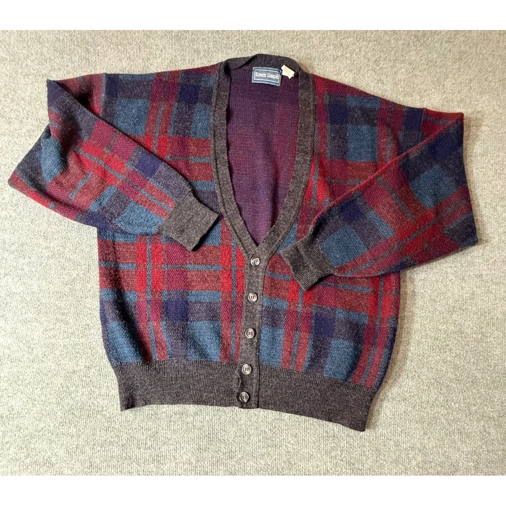 Kenneth Roberts Cardigan Sweater Mens L Red Blue Excellent Vintage Plaid Wool